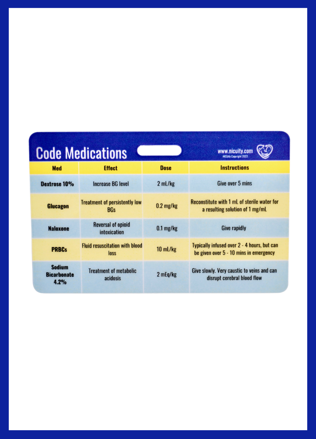 NICU Code Medications Badge Reference Card